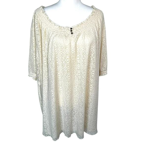 LIZ & ME CATHERINES Women's 4X Cream Crochet Lace Top Peasant Cottage Boho Lined - Picture 1 of 7